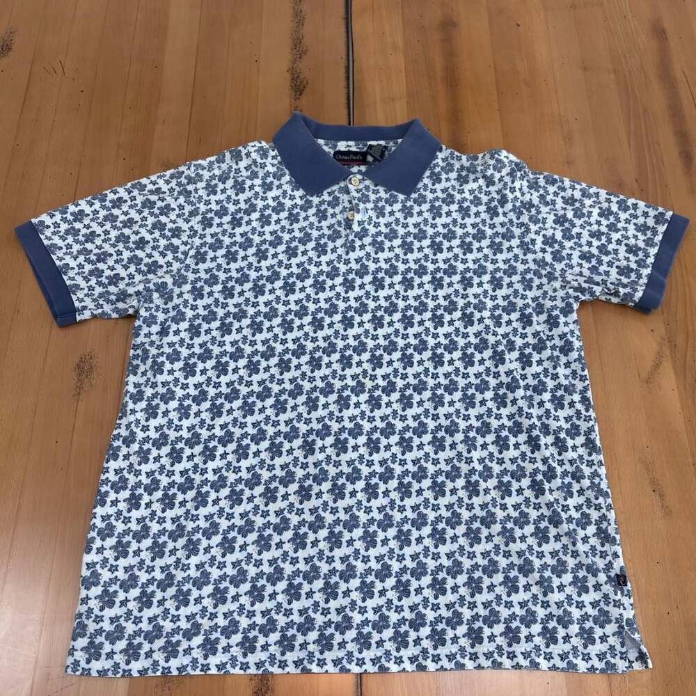 Ocean Pacific Floral Polo Shirt Size L Blue Allover Print